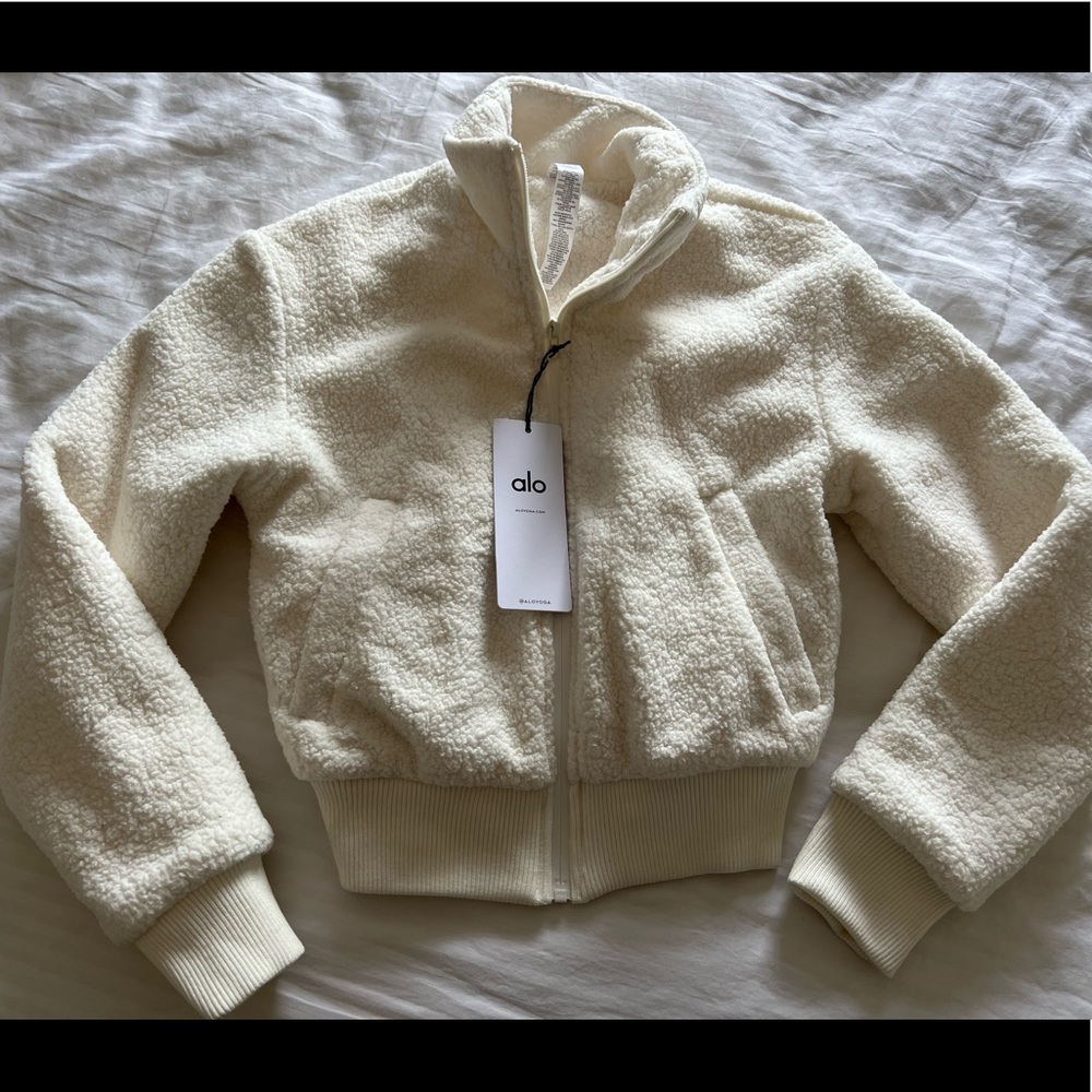 ALO YOGA Micro Sherpa Destiny Jacket Womens Fleece Bomber Full Zip Coat Ivory XS